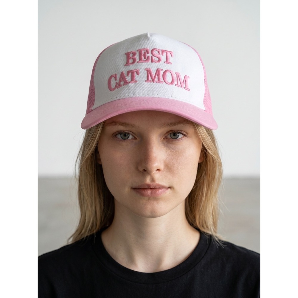 Pink Best Cat Mom Embroidered Trucker Baseball Cap Hat Adjustable Pink White